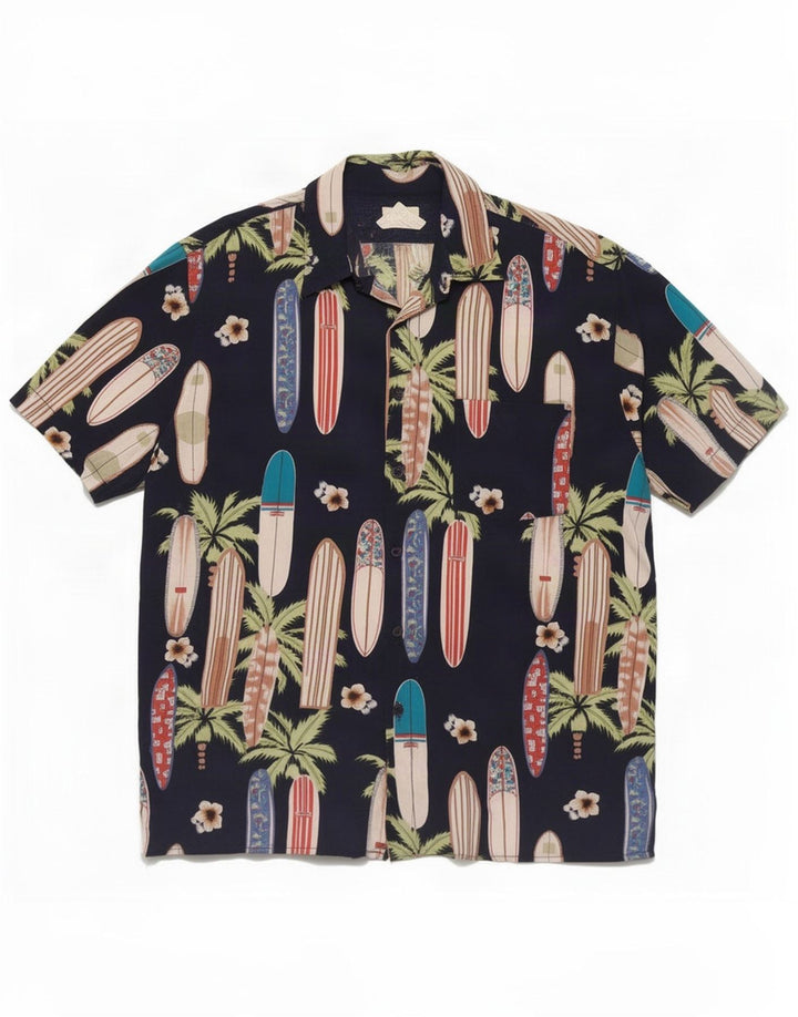 Vintage Mens Abstract Pattern Short Sleeve Shirt Large Navy Blue Rayon
