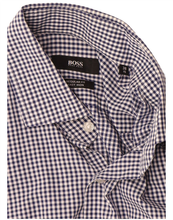 Hugo Boss Mens Regular Fit Shirt Size 38 15 Medium Navy Blue Gingham Cotton