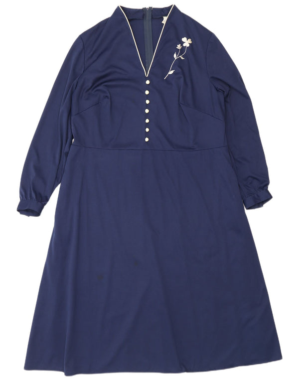 Vintage Womens Long Sleeve Maxi Dress IT 50 XL Navy Blue Polyester