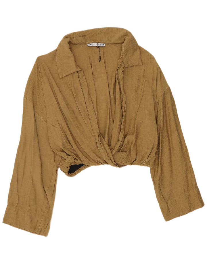 Zara Womens Crop Blouse Top UK 16 Large Khaki Viscose