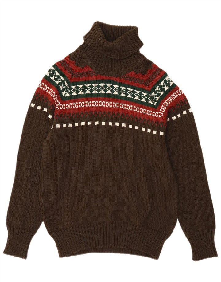VINTAGE Mens Roll Neck Jumper Sweater Small Khaki Fair Isle
