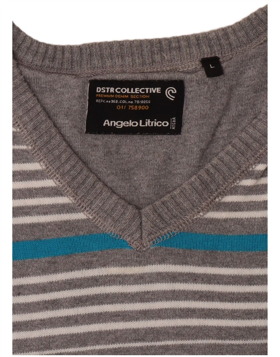 ANGELO LITRICO Mens V-Neck Jumper Sweater Large Grey Striped