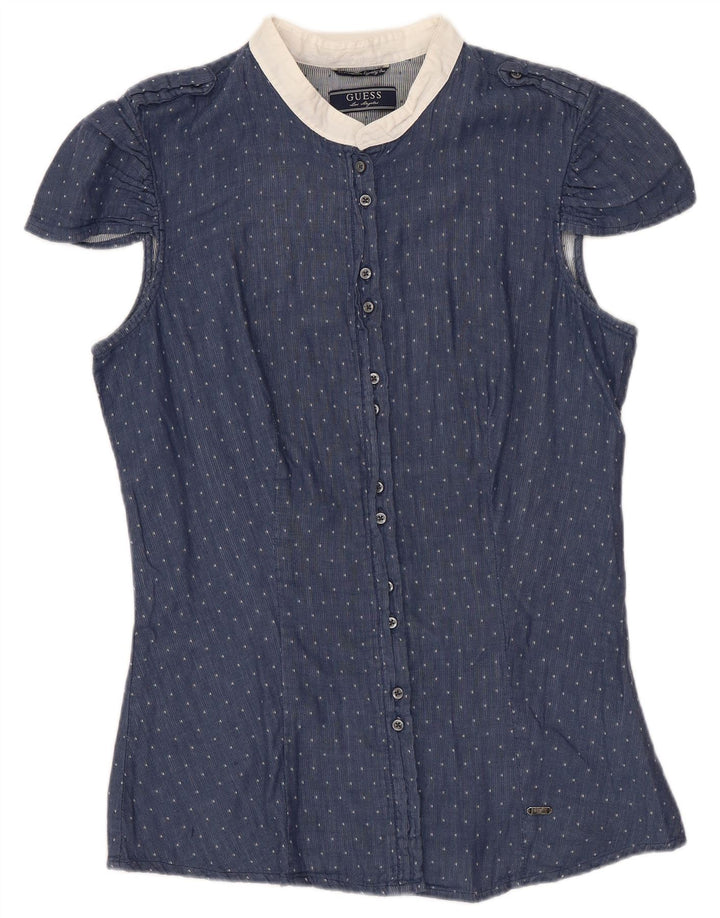 Guess Womens Short Sleeve Shirt Blouse UK 12 Medium Navy Blue Spotted