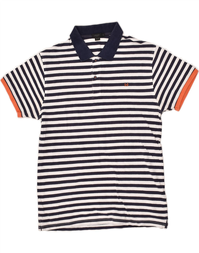 LIU JO Mens Slim Fit Polo Shirt Large Navy Blue Striped Cotton | Vintage Liu Jo | Thrift | Second-Hand Liu Jo | Used Clothing | Messina Hembry 