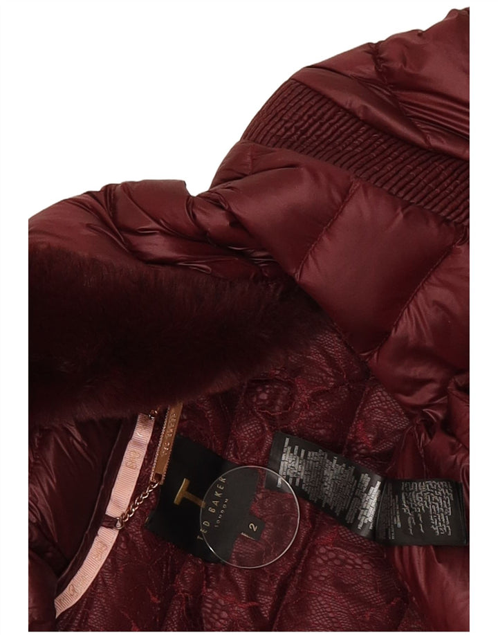 Ted Baker Womens Hooded Padded Coat Size 2 Small Burgundy Polyamide