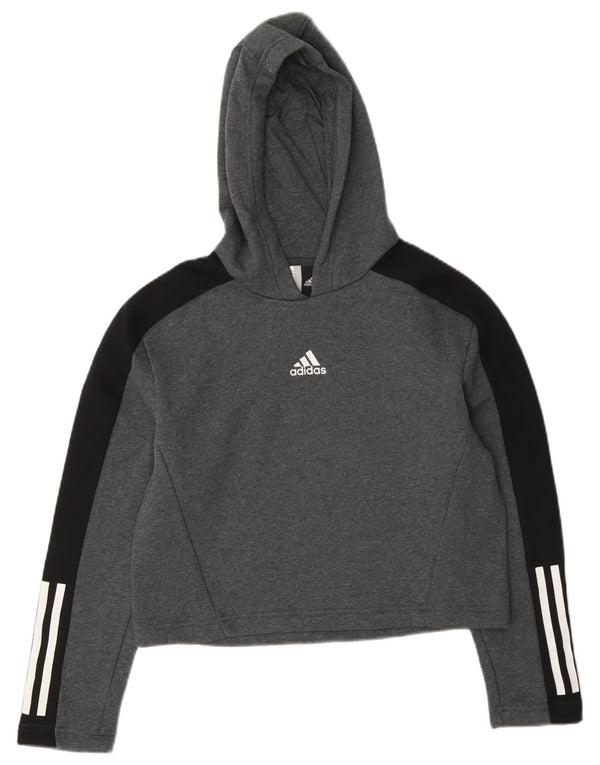 Adidas Girls Crop Hoodie Jumper 11-12 Years Grey Colourblock Cotton