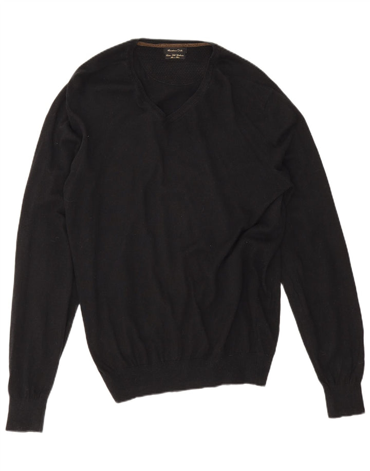 Massimo Dutti Mens V-Neck Jumper Sweater XL Black Cotton