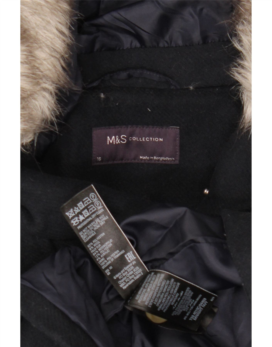 Marks & Spencer Womens Hooded Duffle Coat UK 16 Large Navy Blue Polyester