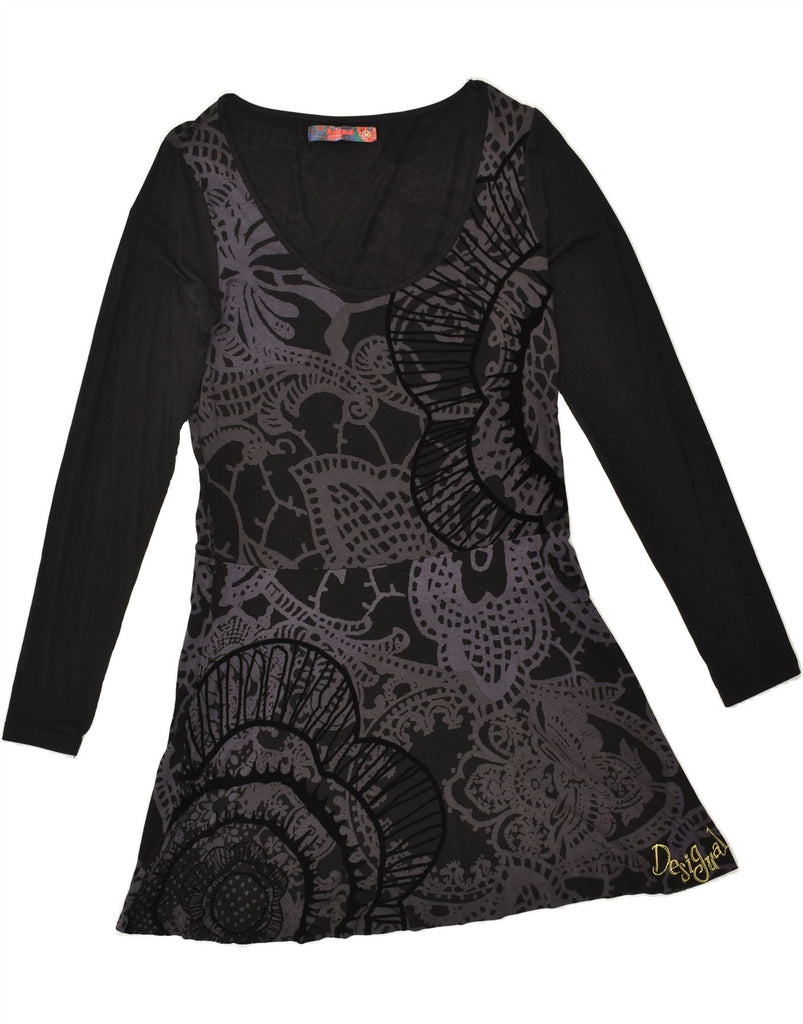 DESIGUAL Womens Long Sleeve A-Line Dress UK 14 Medium Black Floral | Vintage Desigual | Thrift | Second-Hand Desigual | Used Clothing | Messina Hembry 