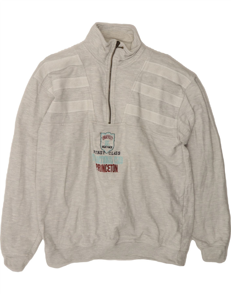 VINTAGE Mens Zip Neck Sweatshirt Jumper Medium Grey Striped Cotton Vintage Vintage and Second-Hand Vintage from Messina Hembry 
