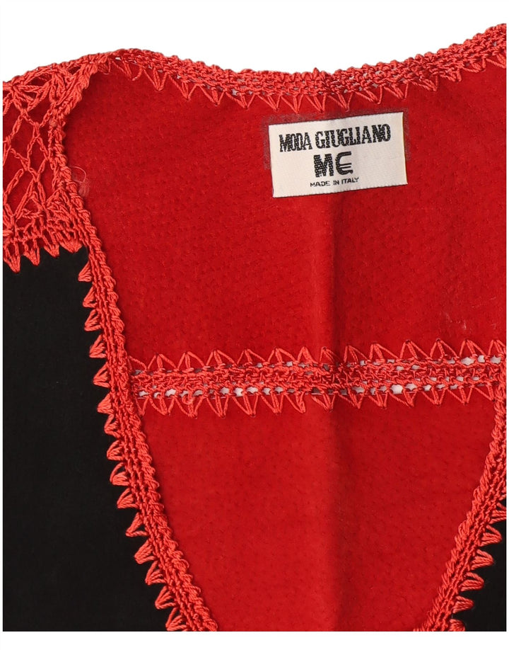 Vintage Womens Crop Suede Waistcoat UK 14 Medium Red Geometric