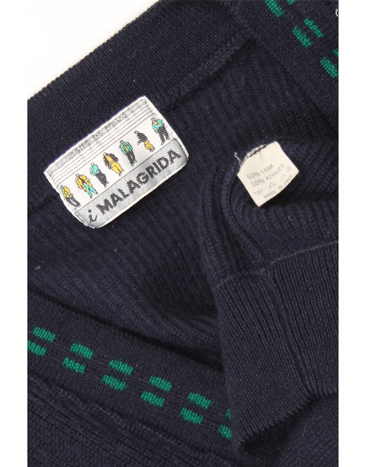 Malagrida Mens Cardigan Sweater Medium Navy Blue Striped Wool