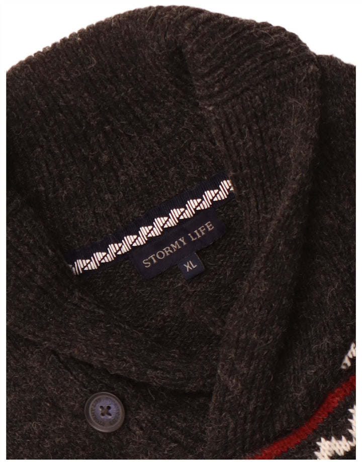 Vintage Mens Shawl Neck Jumper Sweater Medium Grey Fair Isle