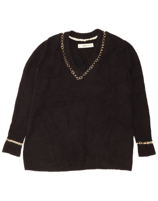 Zara Womens Oversized V-Neck Jumper Sweater UK 10 Small Black Acrylic
