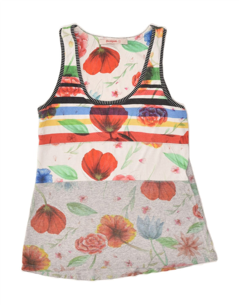 DESIGUAL Womens Graphic Vest Top UK 12 Medium Grey Floral Cotton | Vintage Desigual | Thrift | Second-Hand Desigual | Used Clothing | Messina Hembry 