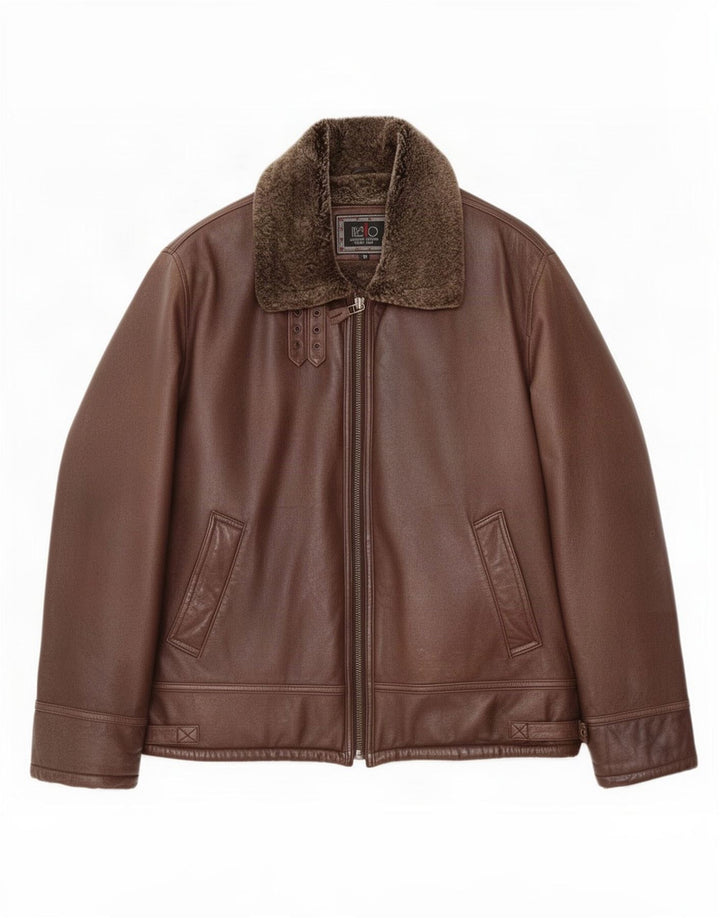 Itallo Mens Shearling Jacket IT 50 Large Brown Leather