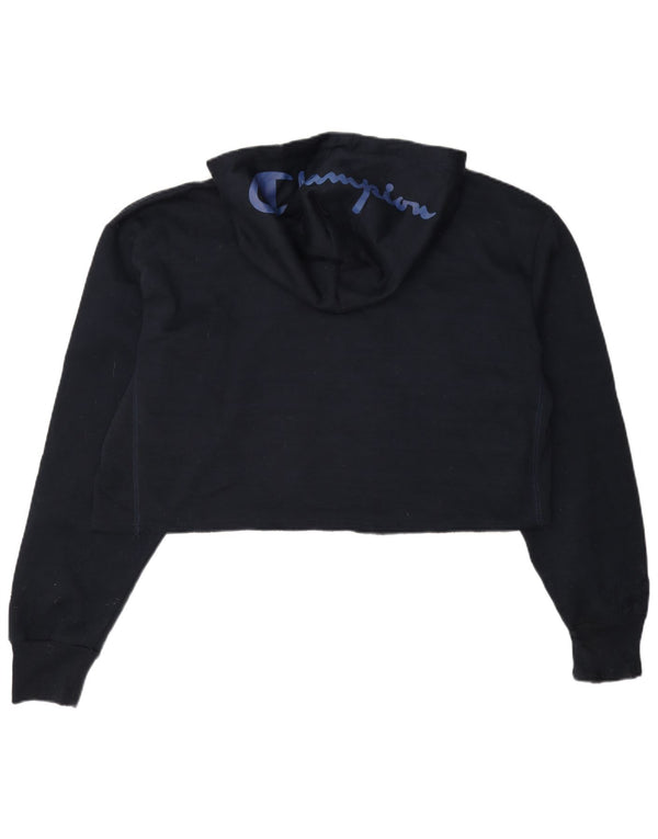 Champion Womens Crop Graphic Hoodie Jumper UK 16 Large Navy Blue Cotton