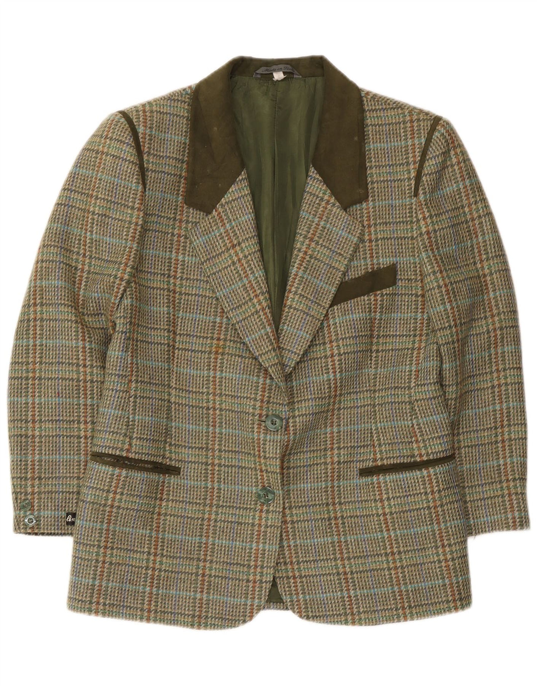 Vintage Womens 2 Button Blazer Jacket IT 46 Large Green Houndstooth Wool