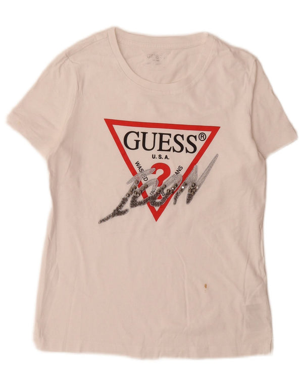 Guess Womens Slim Fit Graphic T-Shirt Top UK 6 XS White Cotton