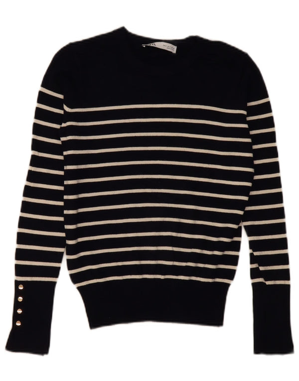 Zara Womens Crew Neck Jumper Sweater UK 10 Small Navy Blue Striped