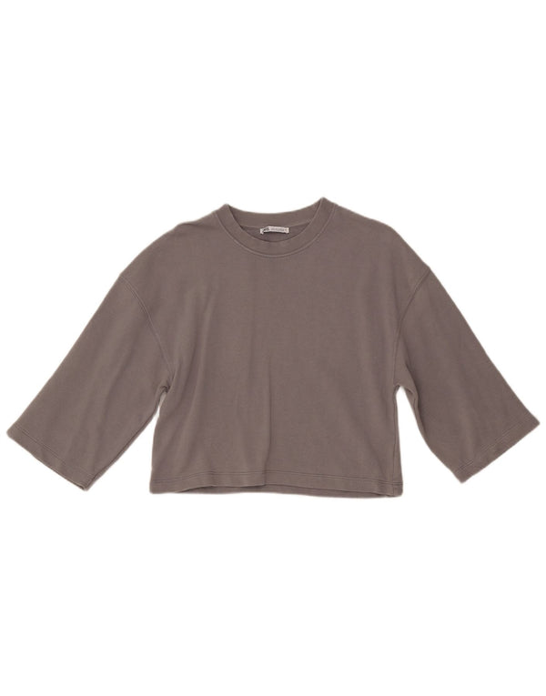 Zara Womens Crop 1/2 Sleeve T-Shirt Top UK 10 Small Grey Cotton