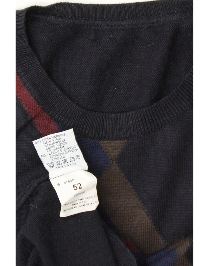 VINTAGE Mens Crew Neck Jumper Sweater IT 52 Large Navy Blue Argyle/Diamond
