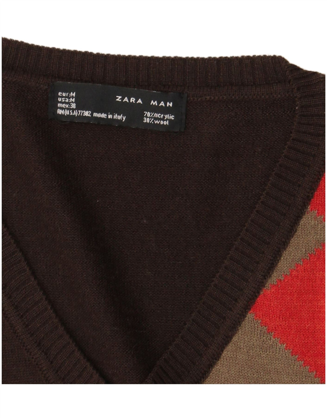 Zara Mens V-Neck Jumper Sweater Medium Brown Argyle/Diamond