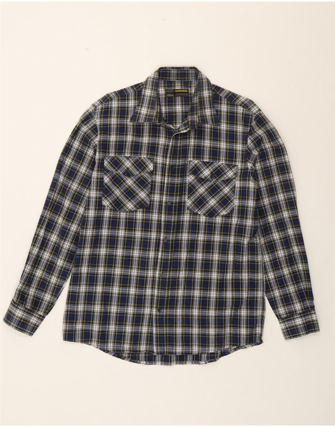 CROWN Mens Flannel Shirt Size 42 Large Navy Blue Check Cotton