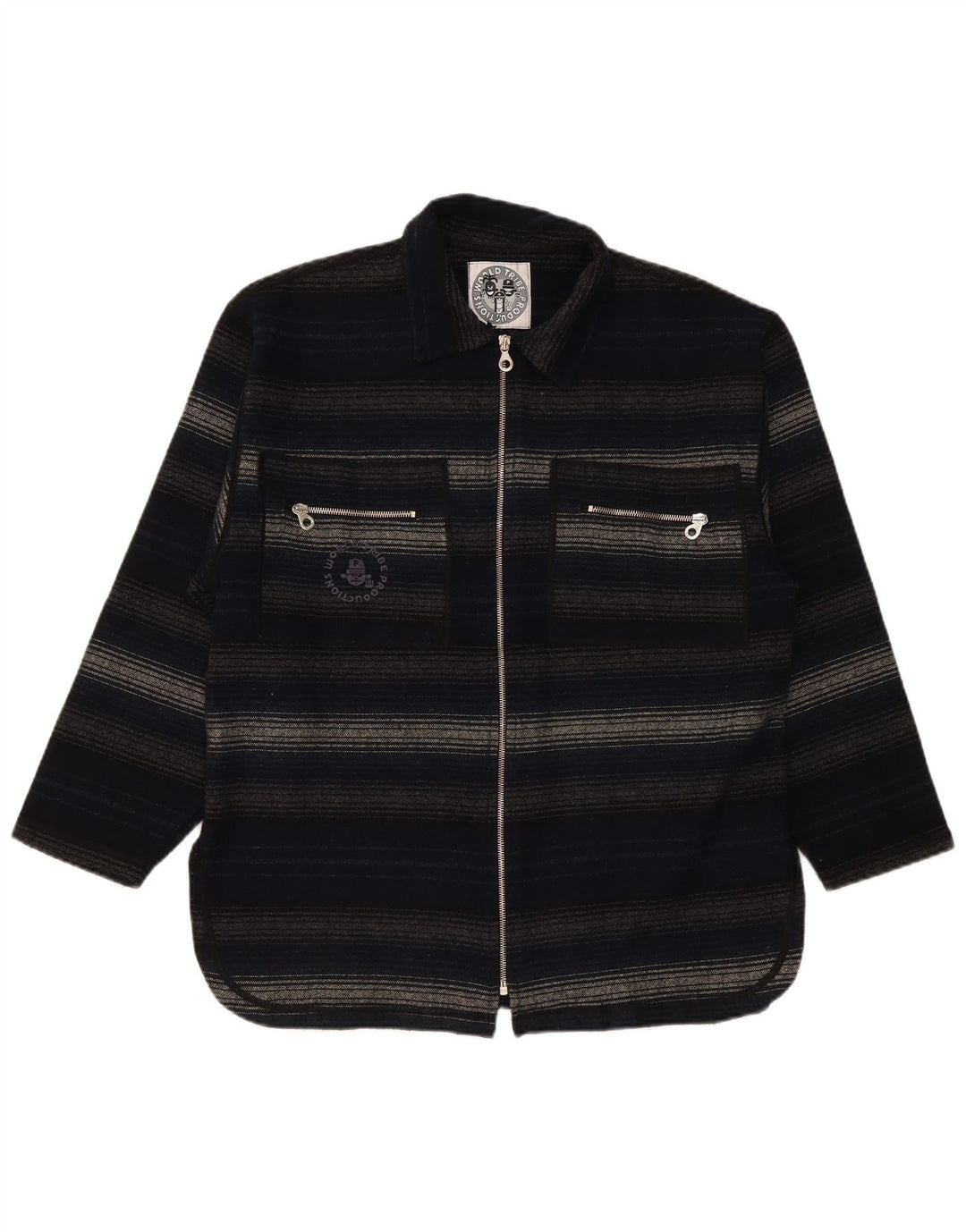 Vintage Mens Overshirt Shirt Medium Navy Blue Striped Acrylic