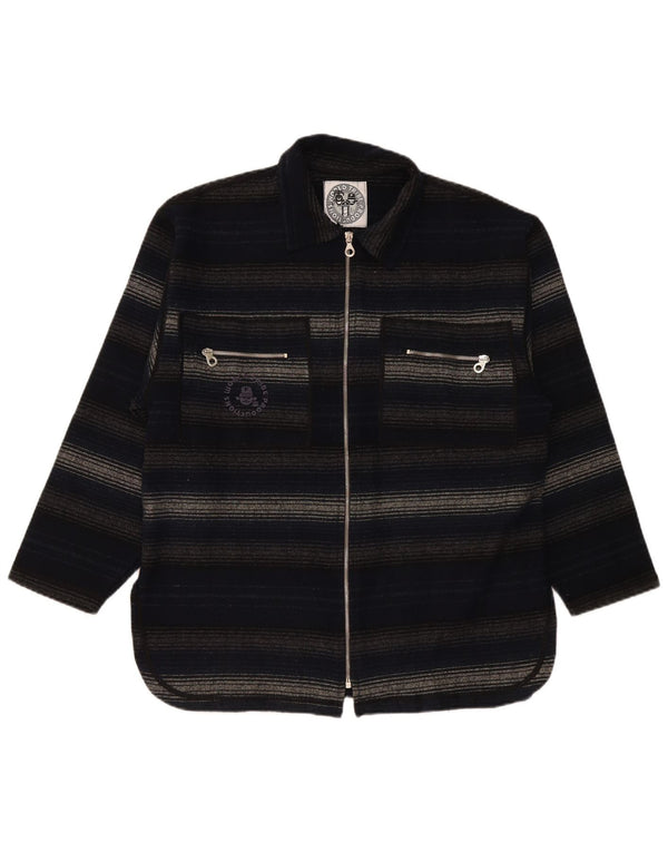 Vintage Mens Overshirt Shirt Medium Navy Blue Striped Acrylic