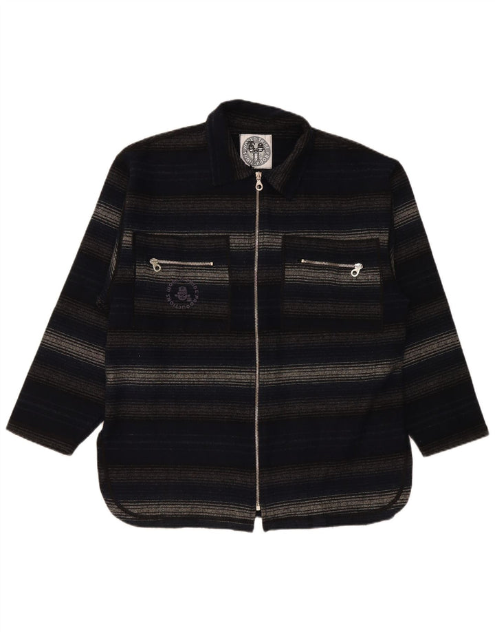 Vintage Mens Overshirt Shirt Medium Navy Blue Striped Acrylic