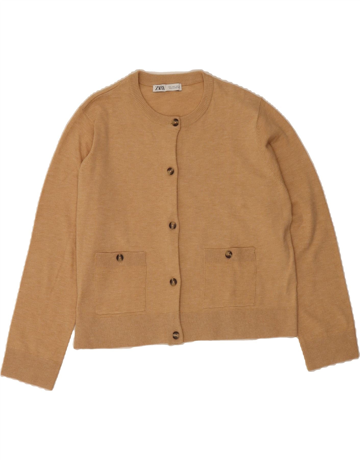ZARA Cardigan da donna UK 16 Large Beige Acrilico Abbigliamento