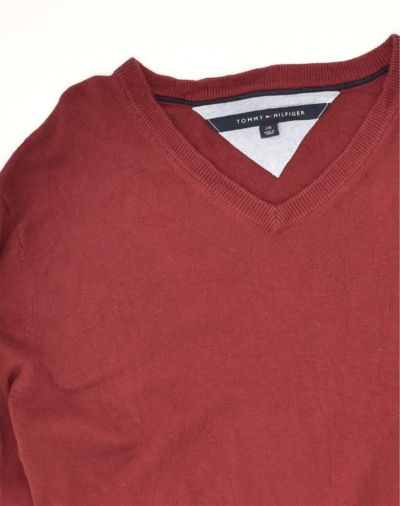 TOMMY HILFIGER Mens V-Neck Jumper Sweater Large Red Cotton | Vintage Tommy Hilfiger | Thrift | Second-Hand Tommy Hilfiger | Used Clothing | Messina Hembry 