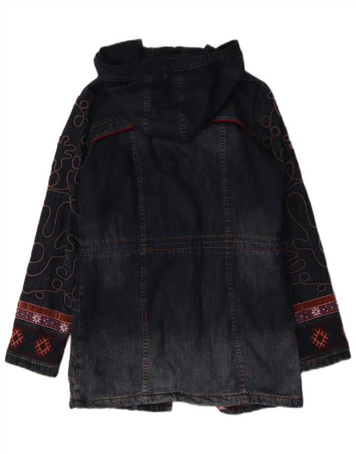 Desigual Womens Oversized Graphic Denim Coat EU 36 Small Navy Blue Floral