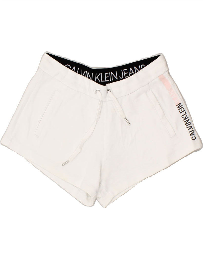 CALVIN KLEIN JEANS Womens Graphic Sport Shorts UK 10 Small White Polyester | Vintage Calvin Klein Jeans | Thrift | Second-Hand Calvin Klein Jeans | Used Clothing | Messina Hembry 