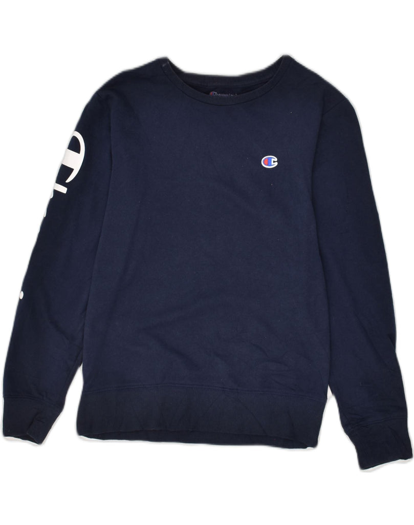 CHAMPION Womens Graphic Sweatshirt Jumper UK 12 Medium Navy Blue Cotton | Vintage Champion | Thrift | Second-Hand Champion | Used Clothing | Messina Hembry 