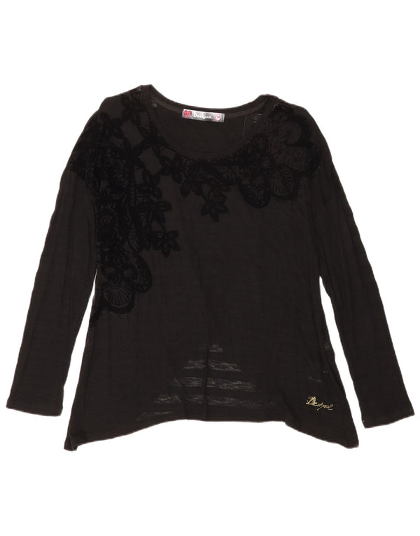 Desigual Womens Graphic Top Long Sleeve UK 12 Medium Black Floral Viscose