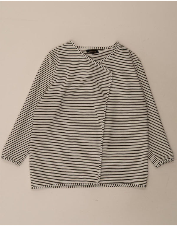 Jaeger Womens Open Cardigan Sweater UK 16 Large White Striped Cotton
