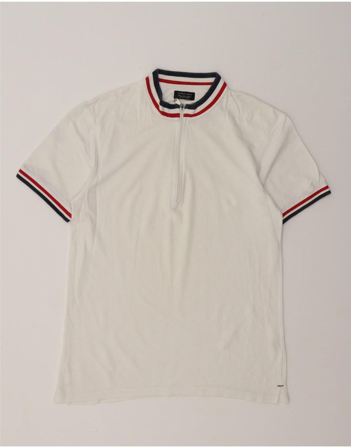Zara Mens Zip Neck T-Shirt Top Large White Cotton