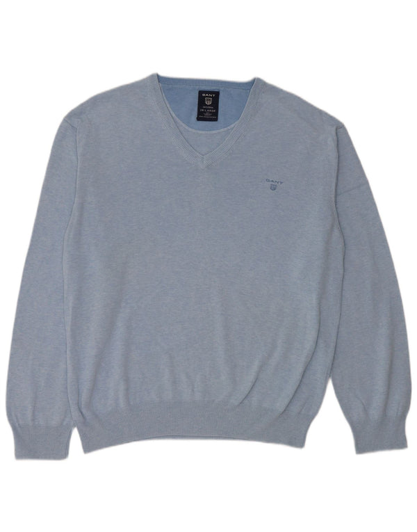 Gant Mens V-Neck Jumper Sweater 2XL Blue Cotton