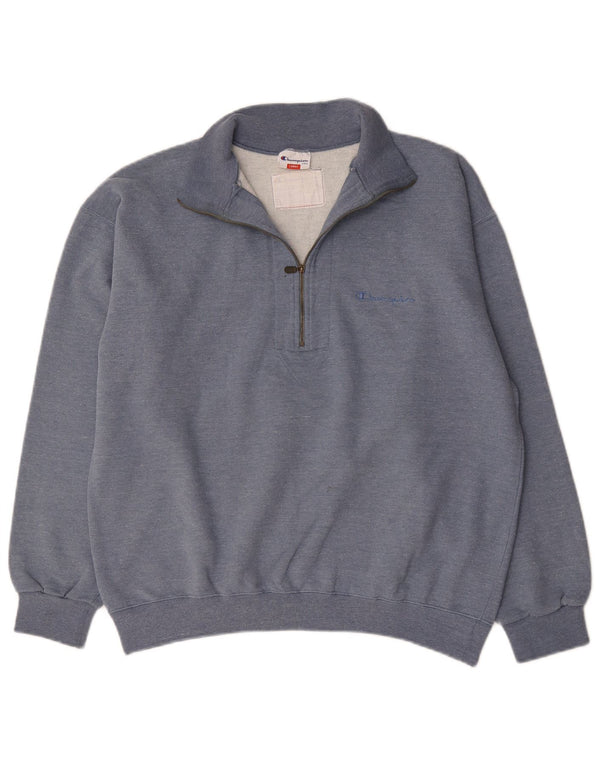 Champion Mens Zip Neck Sweatshirt Jumper Large Blue Cotton