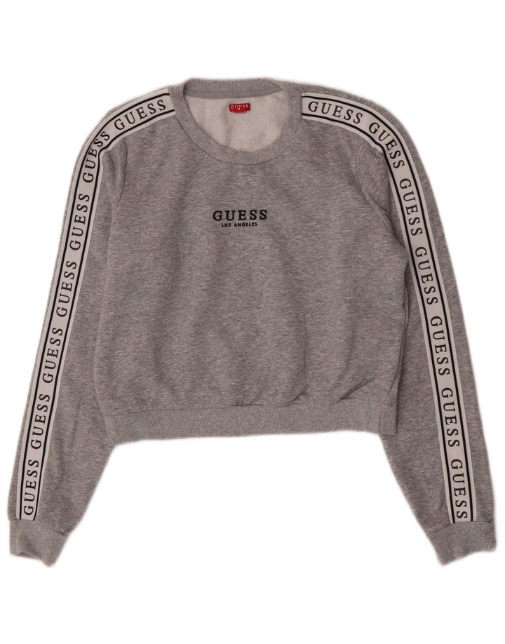 Guess Womens Crop Graphic Sweatshirt Jumper UK 14 Medium Grey Colourblock
