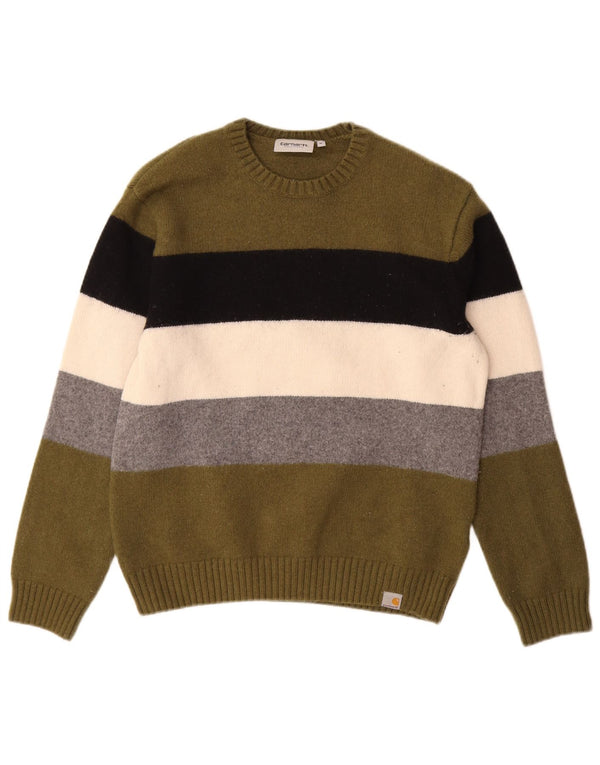 CARHARTT Mens Crew Neck Jumper Sweater Medium Khaki Striped Lambswool