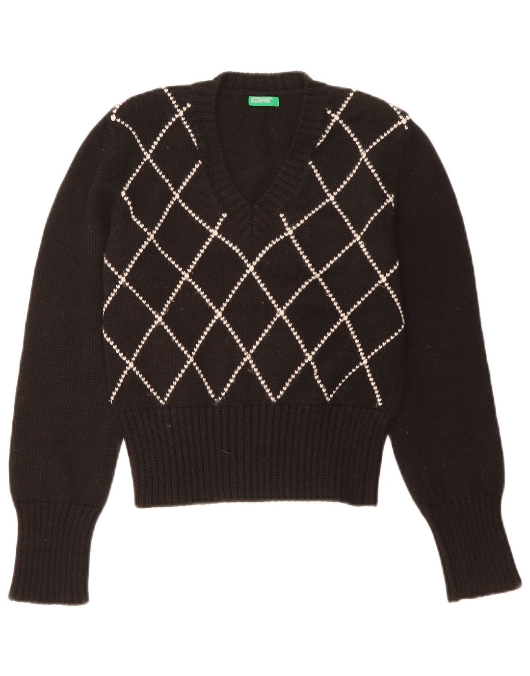 Benetton Womens V-Neck Jumper Sweater UK 12 Medium Black Argyle/Diamond