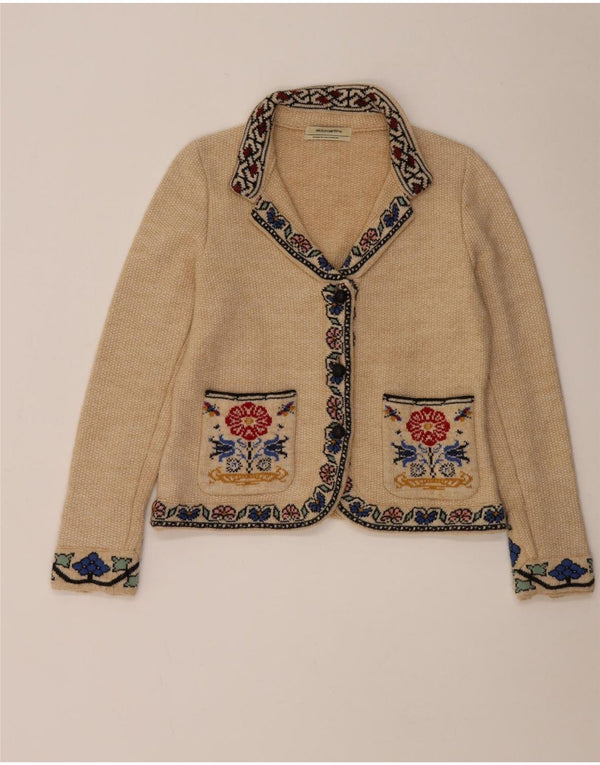 Aldomartins Womens Crop Cardigan Sweater UK 14 Medium Beige Floral Wool