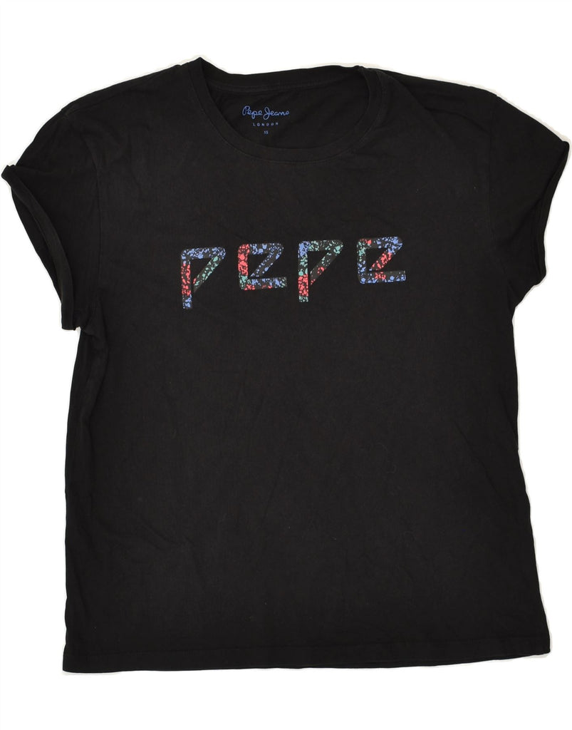 PEPE JEANS Womens Graphic T-Shirt Top UK 6 XS Black | Vintage PEPE Jeans | Thrift | Second-Hand PEPE Jeans | Used Clothing | Messina Hembry 