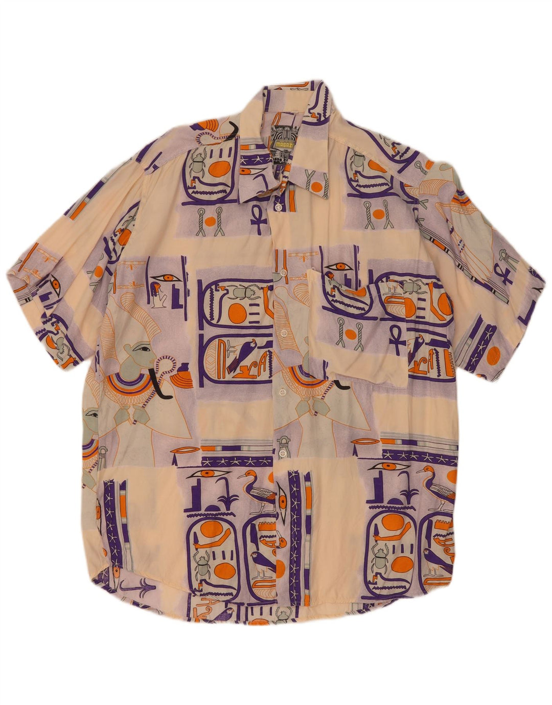 Vintage Mens Graphic Short Sleeve Shirt Large Beige Viscose