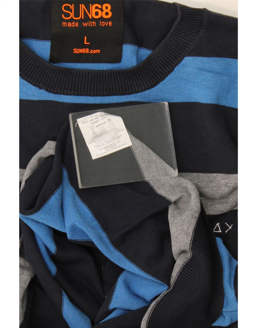 Sun68 Mens Crew Neck Jumper Sweater Large Blue Striped Cotton