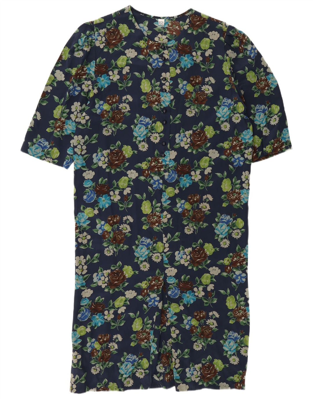 Vintage Womens Shift Dress UK 12 Medium Navy Blue Floral Silk