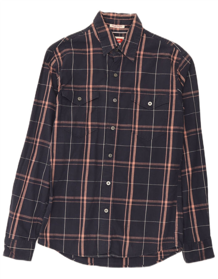 Wrangler Mens Shirt Small Navy Blue Plaid Cotton